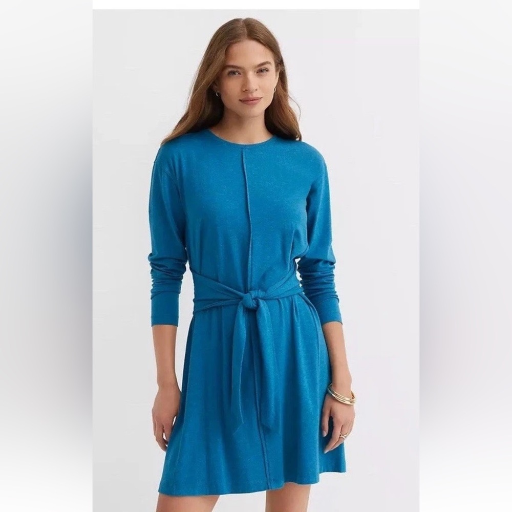 Loft Women’s Heathered Tie Waist Mini Dress Blue Long Sleeve Size SP NWT Spring